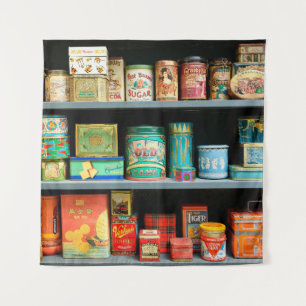 Large collection of colourful vintage cans display tapestry