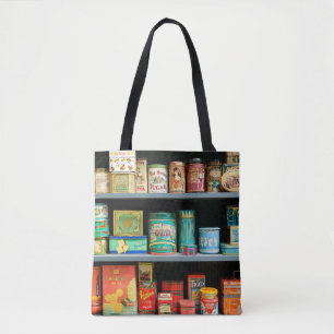 Large collection of colourful vintage cans display tote bag