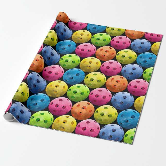 Large Colorful Pickleballs on Black Wrapping Paper (Unrolled)