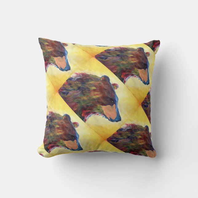 Large Colourful Abstract Bear Art Throw Pillow (Front)