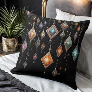 Large Colourful Boho Gems on Black ID1035 Throw Pillow