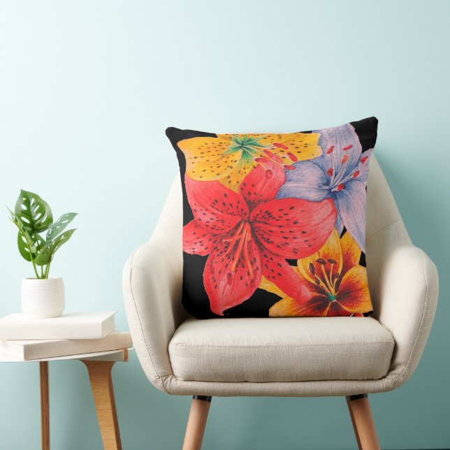 large colourful lily design contempory floral throw pillow (Chair)