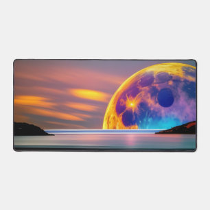 Large Colourful moon rises over water Desk Mat