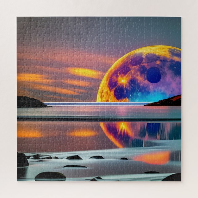 Large Colourful moon rises over water- reflecting Jigsaw Puzzle (Vertical)