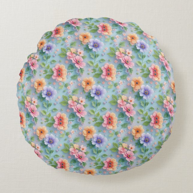 Large Colourful Paper Flowers Round Pillow (Front)