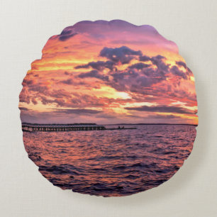 Large colourful sunset over waterbeach,beautiful,c round pillow