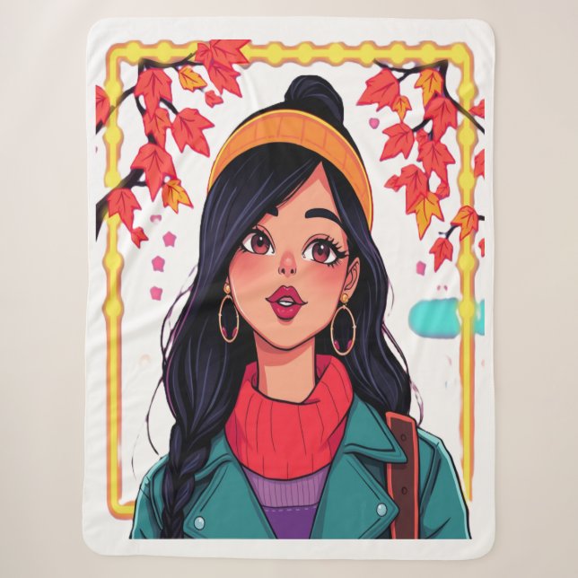 Large Cozy Autumn Girl Fleece Blanket – Oversized  (Front)