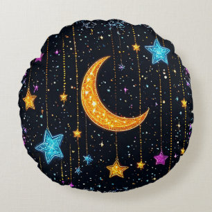 Large crescent moon and numerous stars round pillow