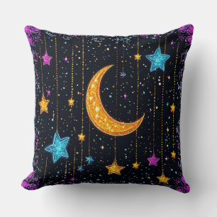 Large crescent moon and numerous stars throw pillow