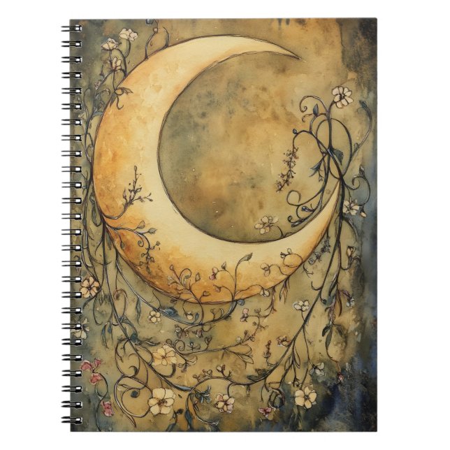 large crescent moon surrounded by delicate floral  notebook (Front)