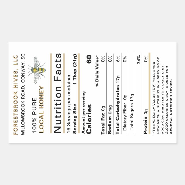 Large Custom Honey Nutrition Label with Bee Gold (Front)