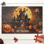 Large Cute Happy Halloween Haunted House Puzzle<br><div class="desc">Puzzle featuring a cute fantasy scene with a black kitty with pumpkins at a haunted house. A great puzzle for the whole family at Halloween.
This puzzle is also available in small size: 
https://www.zazzle.com/z/1wwaba5z?rf=238669109942468267</div>