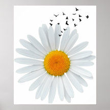 Large Daisy Flower with Flock of Flying Birds.