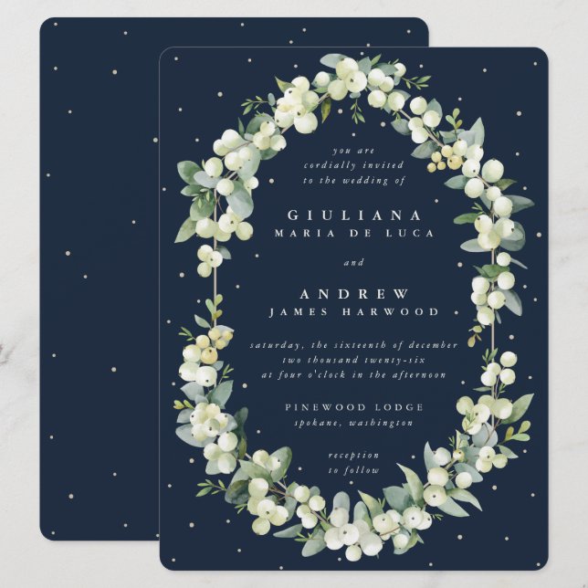 Large Dark Navy Snowberry+Eucalyptus Wedding Invitation (Front/Back)