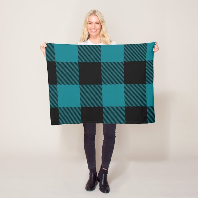 Large Dark Turquoise and Black Buffalo Plaid Fleece Blanket (In Situ)