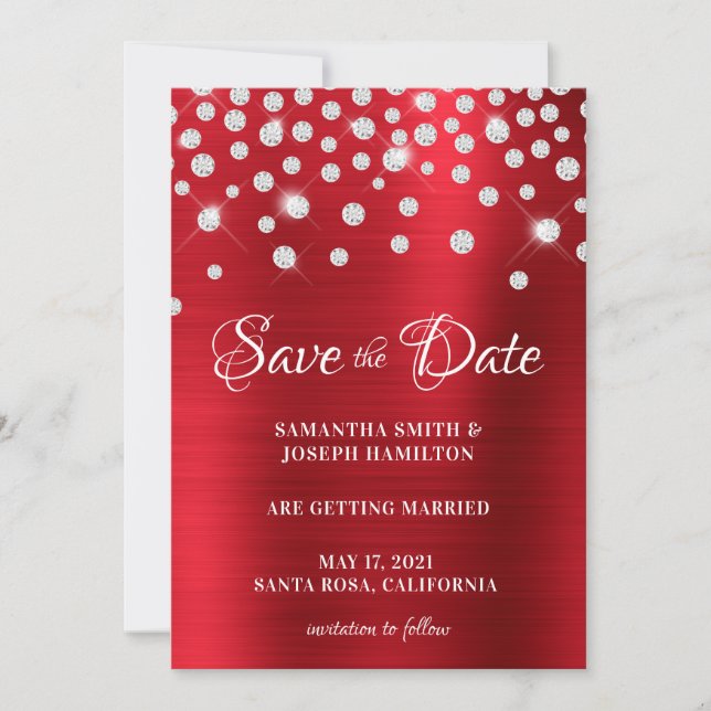 Large Diamond Confetti Red Ombre Foil Save The Date (Front)