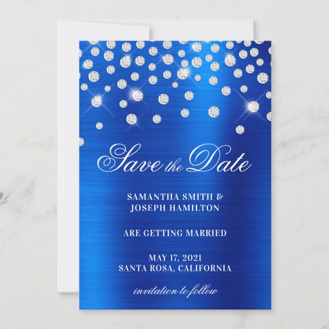 Large Diamond Confetti Royal Blue Ombre Foil Save The Date (Front)
