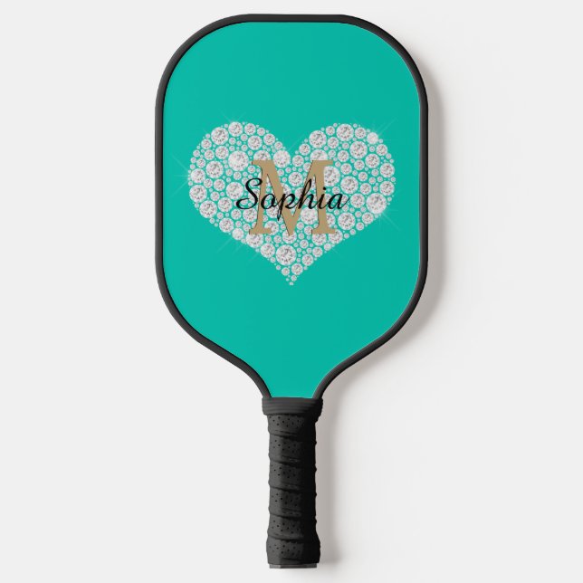 Large Diamond Heart, Gold Monogram, Name, Teal Pickleball Paddle (Front)