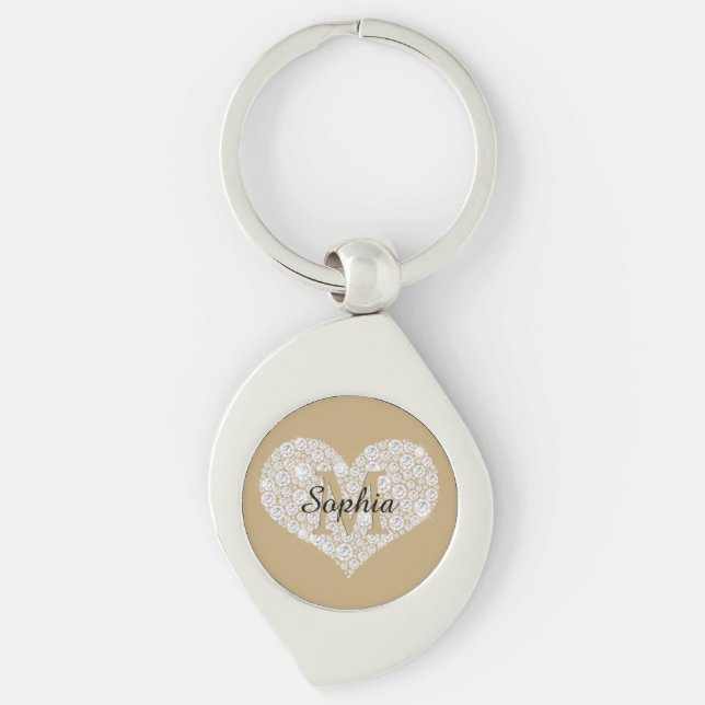 Large Diamond Heart, Gold Monogram, Script Name Keychain (Front)