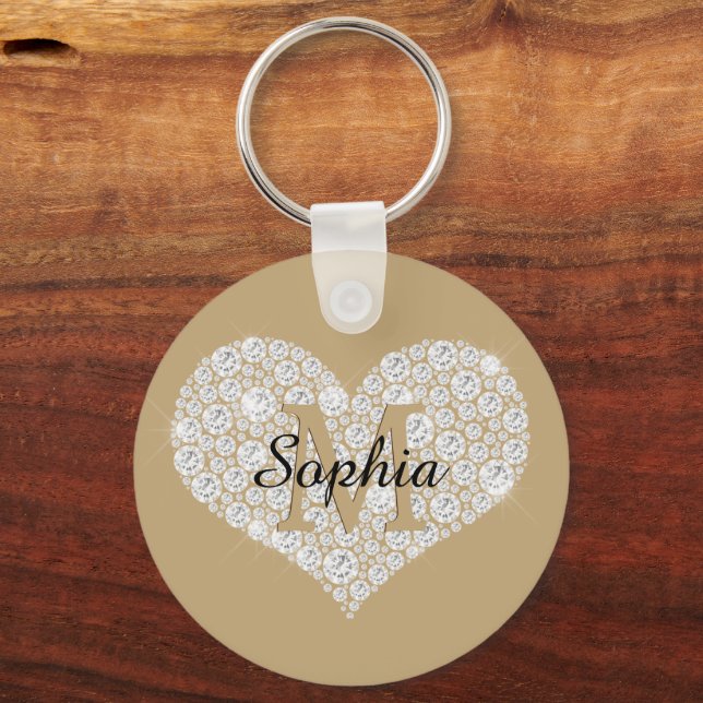 Large Diamond Heart, Gold Monogram, Script Name Keychain (Front)