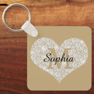 Large Diamond Heart, Gold Monogram, Script Name Keychain