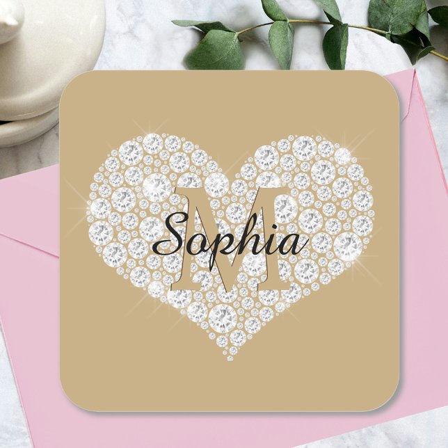 Large Diamond Heart, Gold Monogram, Script Name Square Sticker (Creator Uploaded)