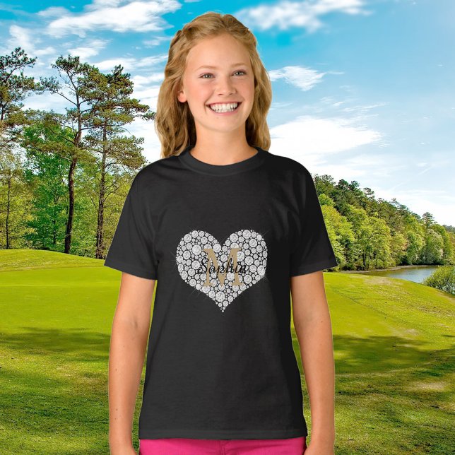 Large Diamond Heart, Gold Monogram, Script Name T-Shirt (Creator Uploaded)