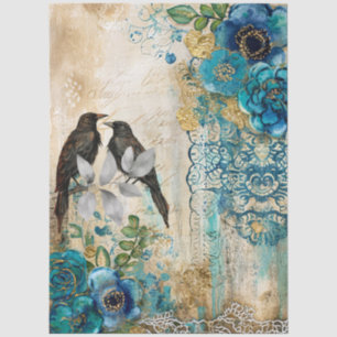 Large Distressed Teal Blue Gold Florals & Ravens Tissue Paper