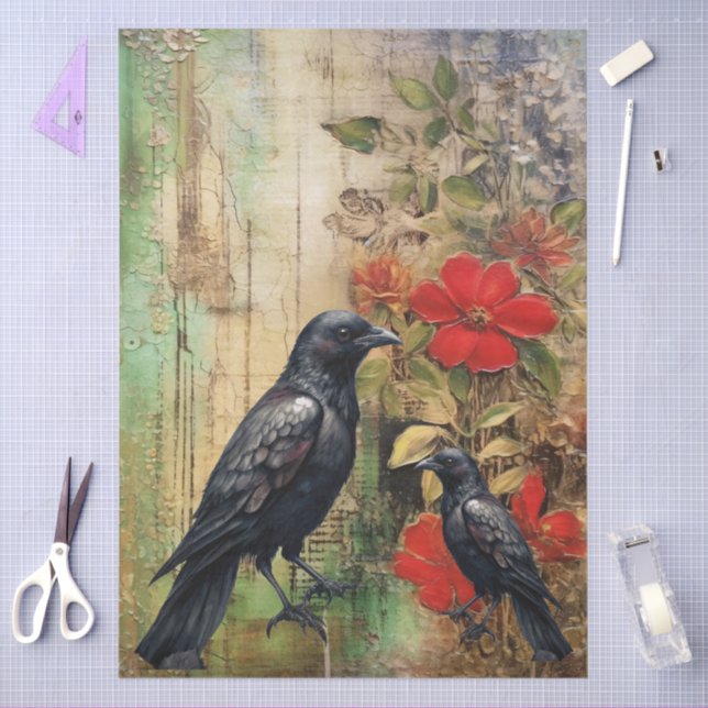 Large Elegant Distressed Florals & Raven Decoupage Tissue Paper (Craft)