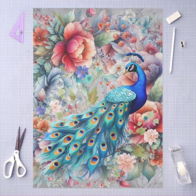 Large Elegant Peacock & Florals Decoupage Tissue Paper (Craft)