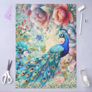 Large Elegant Peacock, Florals & Lace Decoupage Tissue Paper