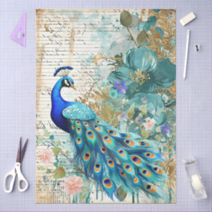 Large Elegant Peacock, Florals & Script Decoupage Tissue Paper