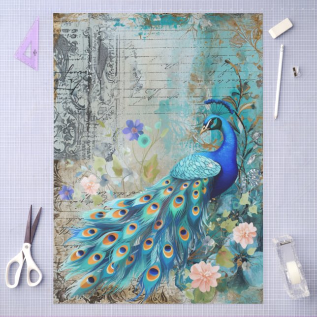 Large Elegant Peacock, Florals & Script Decoupage Tissue Paper (Craft)