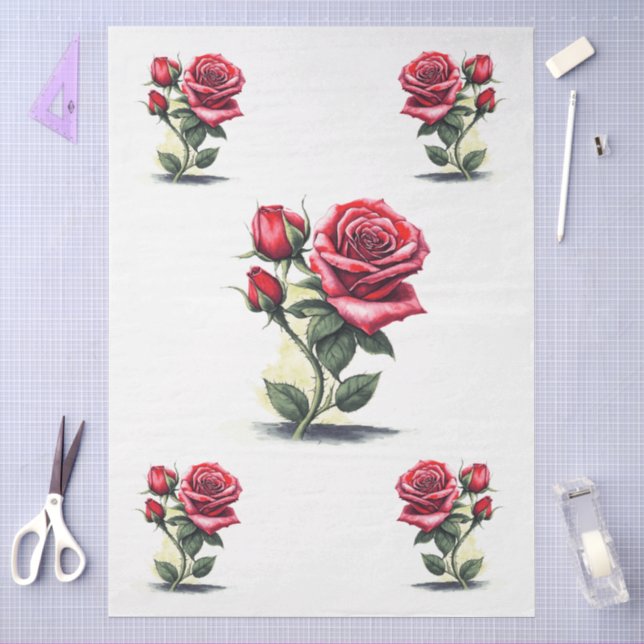 Large Elegant Watercolor Red Roses Decoupage Tissue Paper (Craft)