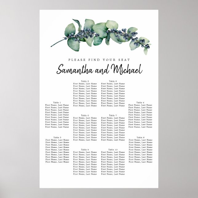 Large Eucalyptus Berry 10-Table Seating Chart (Front)