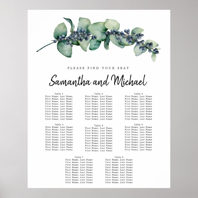 Large Eucalyptus Botanical 8-Table Seating Chart (Front)
