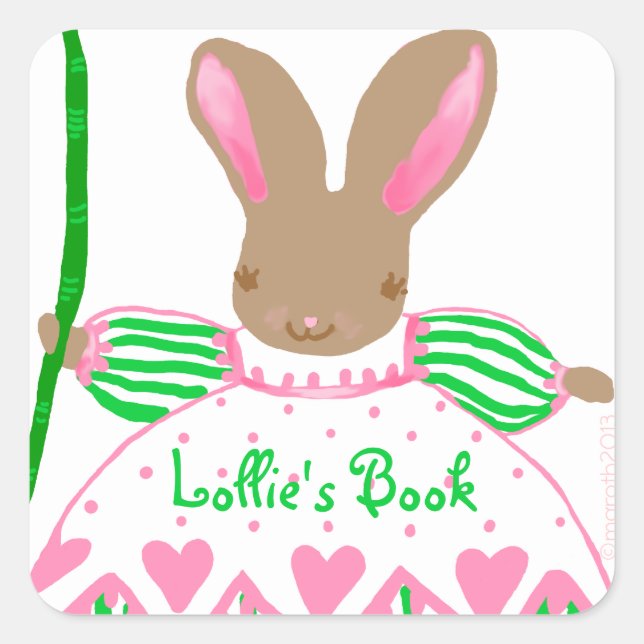 Large Fifi bunny bookplate, pink Square Sticker (Front)