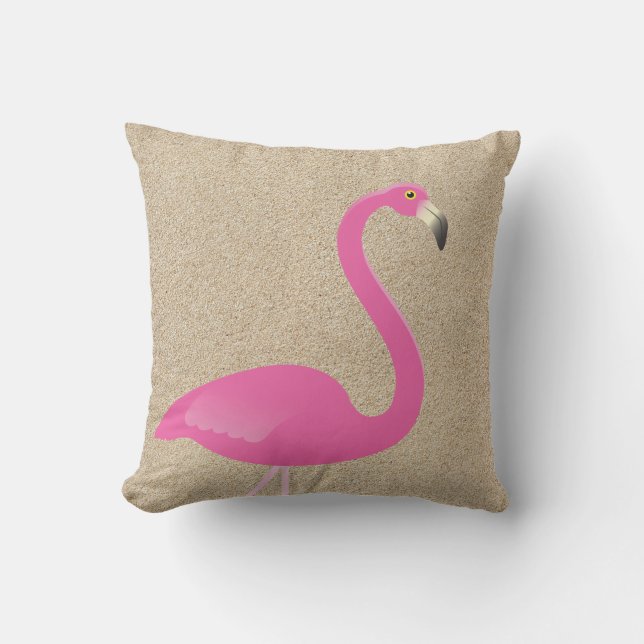 Large Flamingo on Beach Sand Outdoor Pillow (Front)