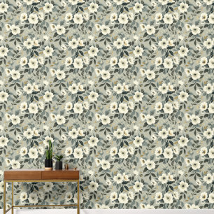 Large Floral Green White and Grey Wallpaper