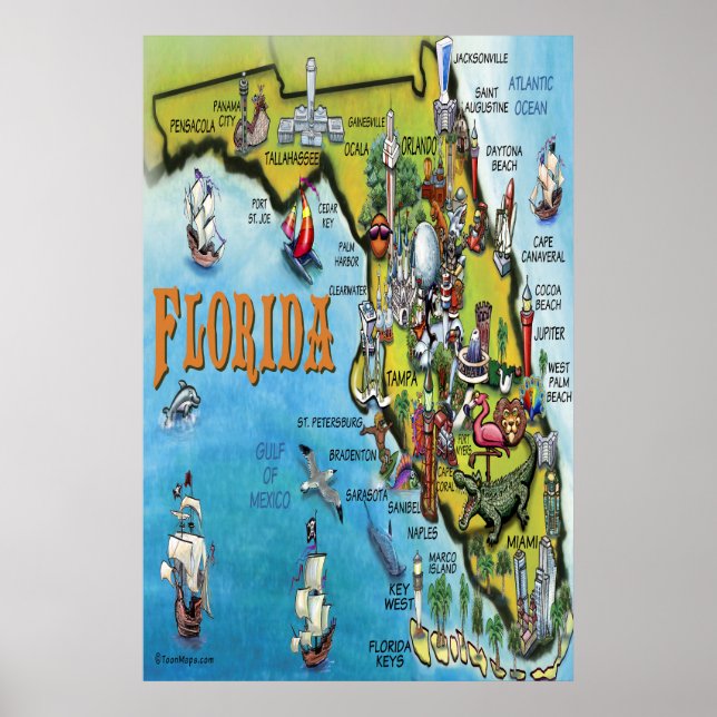 Large Florida Cartoon Map Poster (Front)