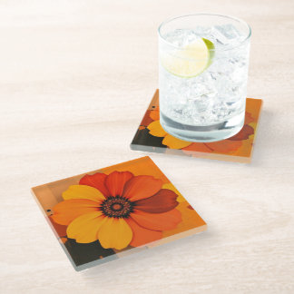 Large Flower in Earth Tones Red Orange and Yellow Glass Coaster