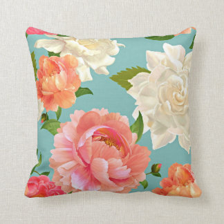 Large Flowers on Blue Vintage Country Throw Pillow