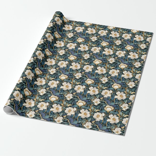 Large Flowers William Morris Inspired Gift Wrap (Unrolled)