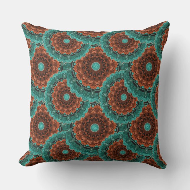 Large Flowery Teal Brown Orange Pattern Throw Pillow (Front)