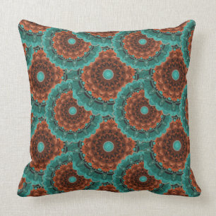 Large Flowery Teal Brown Orange Pattern Throw Pillow