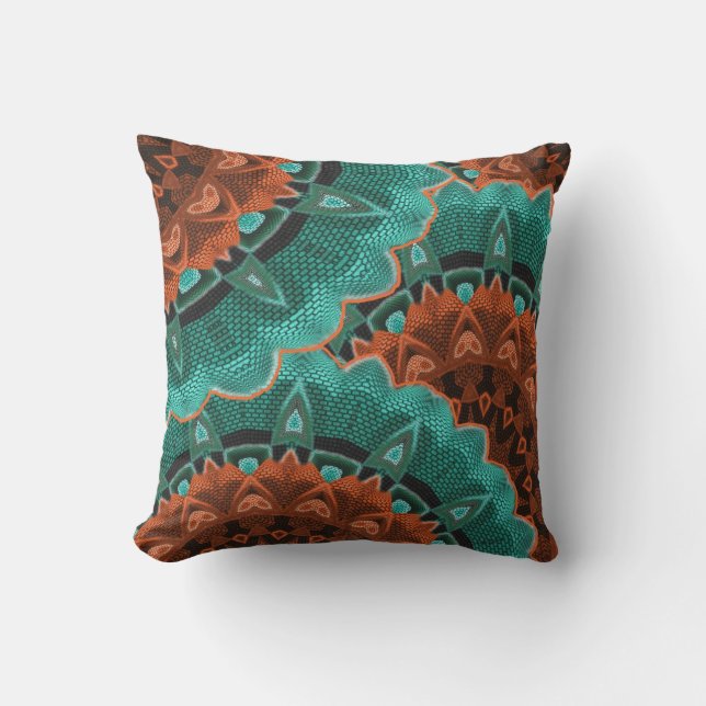 Large Flowery Teal Brown Orange Pattern Throw Pillow (Front)