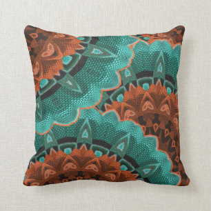 Large Flowery Teal Brown Orange Pattern Throw Pillow