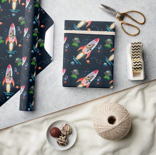 Large Four with Photos | 4th Birthday Space Rocket Wrapping Paper (Crafts)
