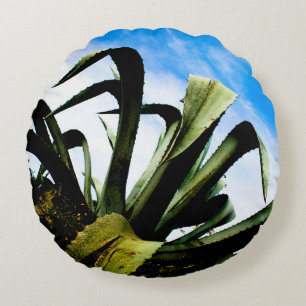 Large Giant Green Aloe Plant with Bright Blue Sky Round Pillow