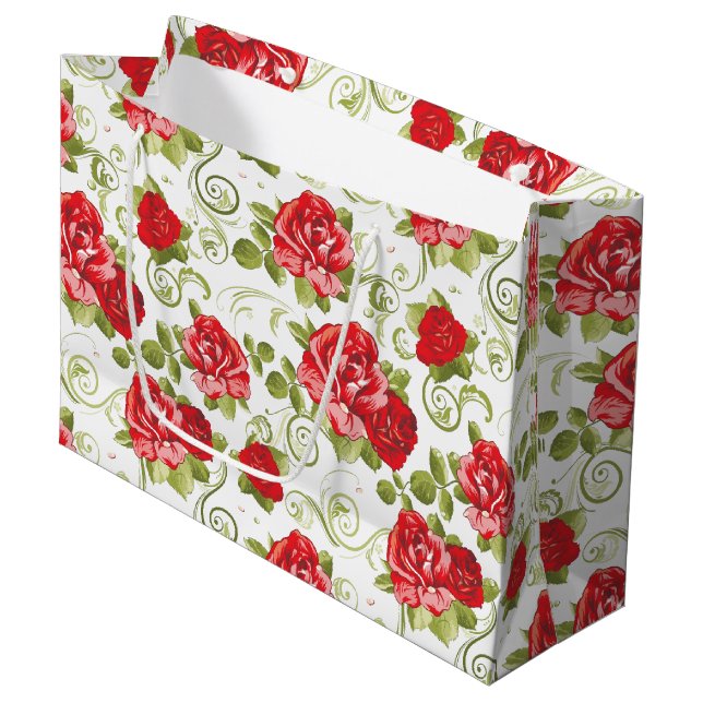 Large Gift Bag-Red Roses Print Bag (Front Angled)